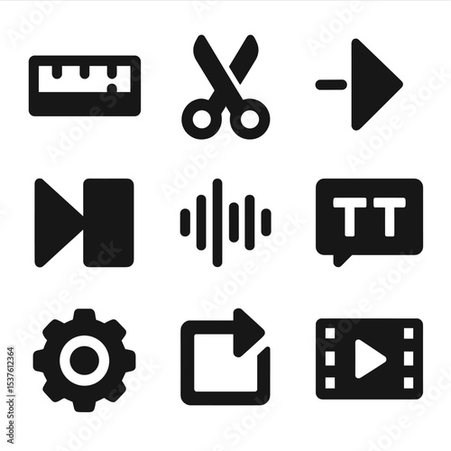 Video Editing Icons. Solid, filled icons set of video editing basics: timeline, cut tool, playhead, transition