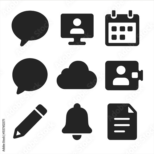 Collaboration Tools Icons. Solid, filled icons set of remote collaboration tools: chat bubble, shared screen,