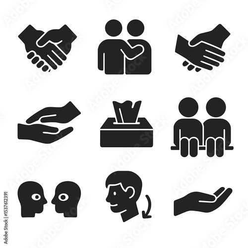 Emotional Support Gestures. Solid, filled icons set of emotional support gestures: hand hold, shoulder pat,