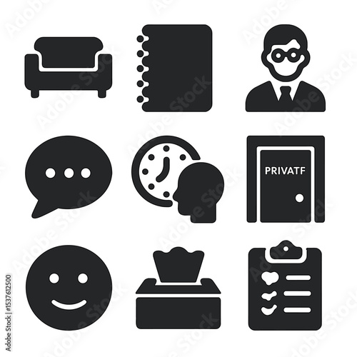 Therapy Icons Grid. Solid, filled icons set of therapy and counseling: couch, notebook, therapist icon,