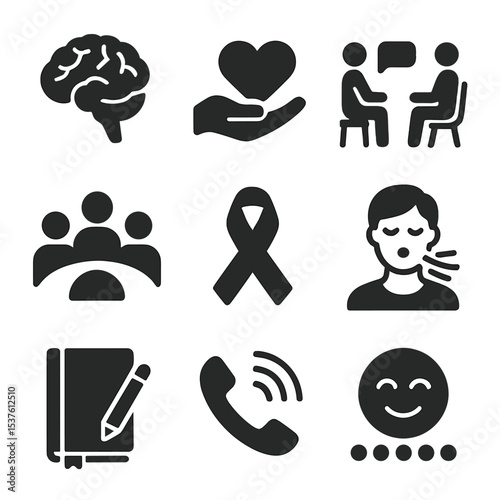 Mental Health Icon Set. Solid, filled icons set of mental health awareness: brain icon, heart-care, therapy
