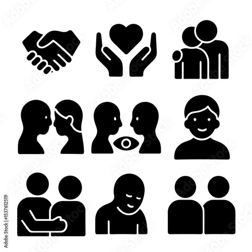 Human Connection Icons. Solid, filled icons set of close human connection: joined hands, heart between hands,