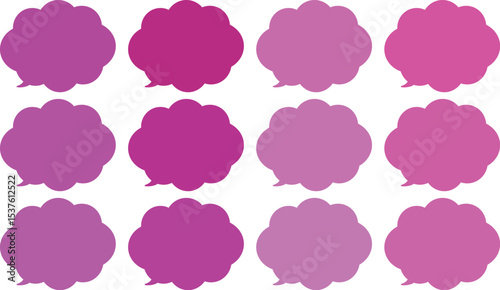 All the bubbles have a distinctive, rounded, cloud-like, or scalloped edge design. This vector image features twelve speech bubbles.