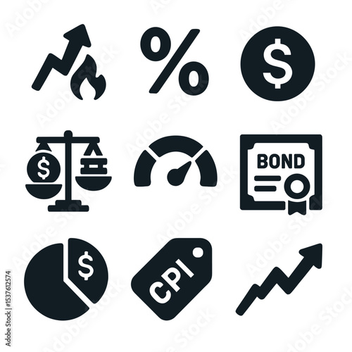 Financial Indicators Icons. Solid, filled icons set of financial indicators: inflation rate, interest