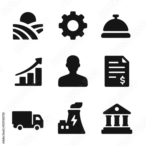National Economy Icons. Solid, filled icons set of national economy components: agriculture field, industry