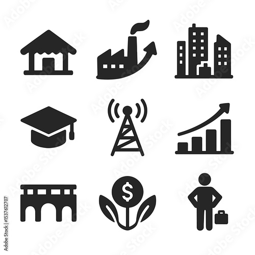 Economic Growth Icons. Solid, filled icons set of economic development stages: village hut, factory rise,