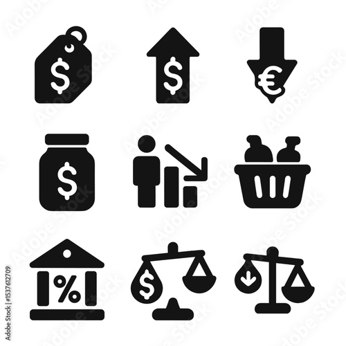 Inflation and Deflation Icons. Solid, filled icons set of inflation and deflation: price tag, rising cost,
