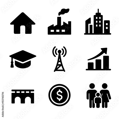 Economic Growth Icons. Solid, filled icons set of economic development stages: village hut, factory rise,