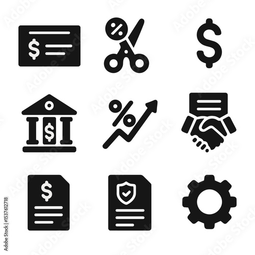 Economic Policy Icons. Solid, filled icons set of economic policies: stimulus check, tax cut, monetary symbol,