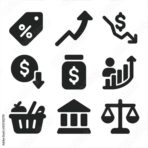 Inflation and Deflation Icons. Solid, filled icons set of inflation and deflation: price tag, rising cost,