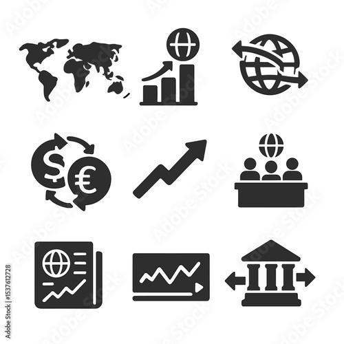 Global Economy Icons. Solid, filled icons set of global economic trends: world map, GDP ranking, trade routes,
