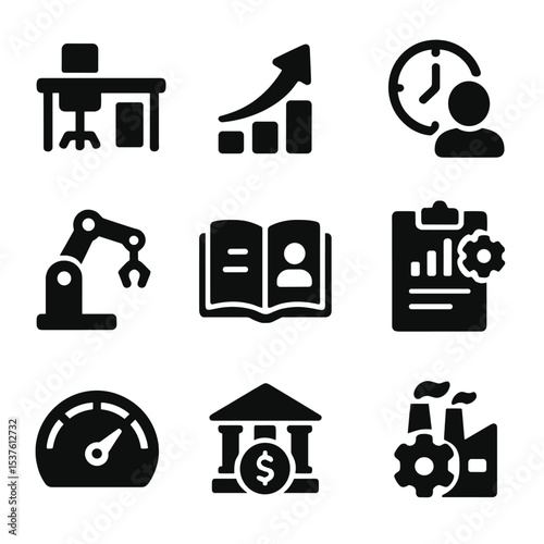 Economic Productivity Icons. Solid, filled icons set of economic productivity: work desk, output arrow, labor