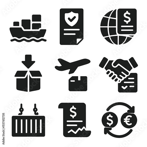 International Trade Icons. Solid, filled icons set of international trade and GDP: cargo ship, customs paper,