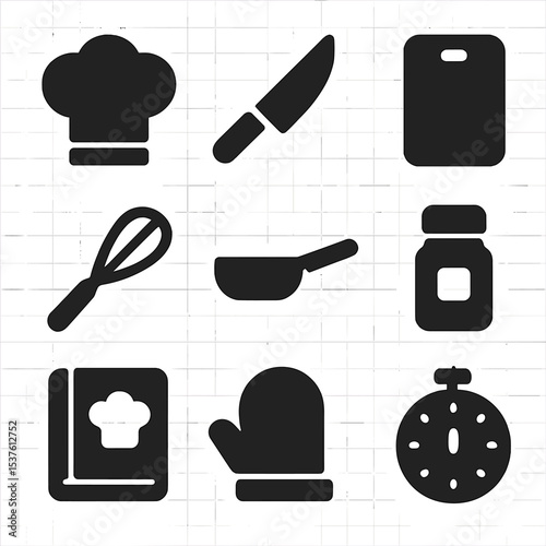 Culinary Icons Grid. Solid, filled icons set of cooking sections and culinary skills development: chef hat,