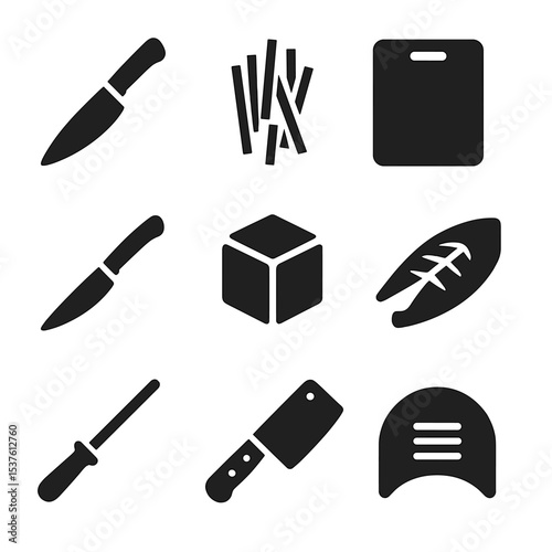 Knife Skills Icons. Solid, filled icons set of knife skills training: chef’s knife, julienne cuts, chopping