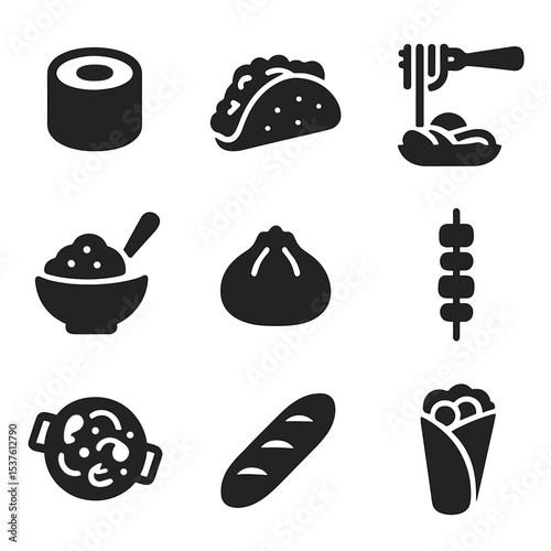 International Cuisine Icons. Solid, filled icons set of international cuisine sections: sushi roll, taco,