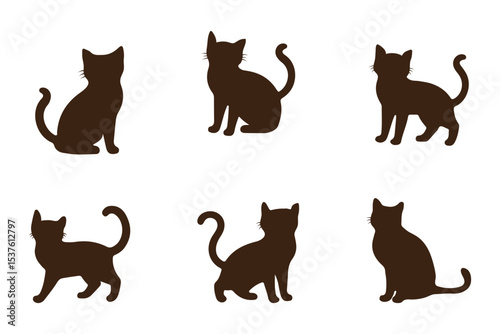 Black cat silhouettes in various poses, isolated on white background. Perfect for logos, decals, apparel design. Elegant, sleek feline figures showcasing minimalist modern art
