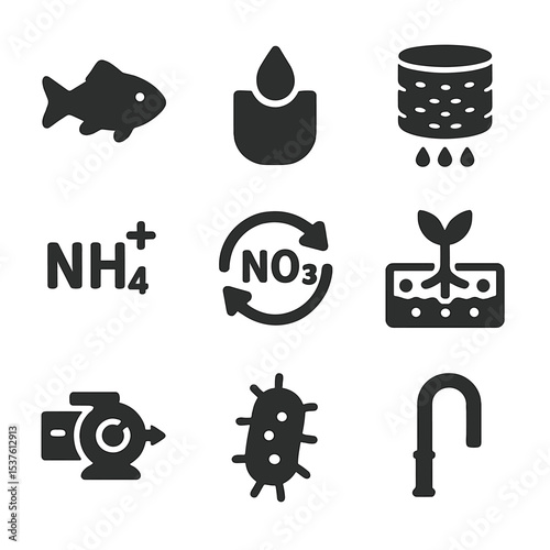 Aquaponics Cycle Icons. Solid, filled icons set of aquaponics fish and plant cycle: fish icon, waste water,