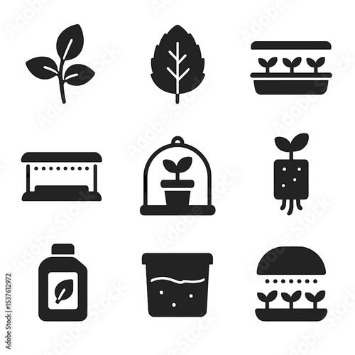 Indoor Herb Icon Set. Solid, filled icons set of indoor herb cultivation: basil sprig, mint leaf, hydro tray,