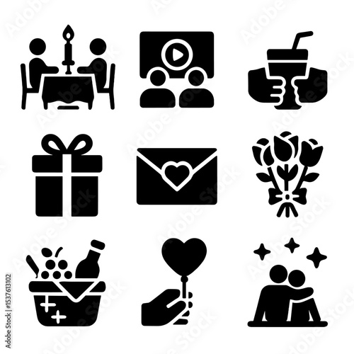 Romantic Date Icons. Solid, filled icons set of romantic dates and gestures: candlelit dinner, movie night,