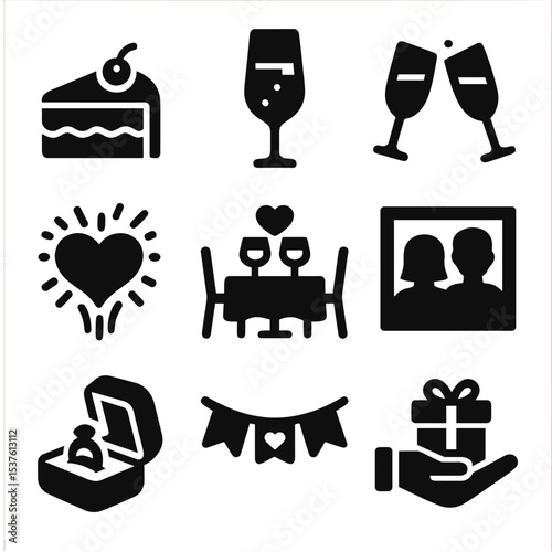 Celebration Icon Set. Solid, filled icons set of anniversary and celebration moments: cake slice, champagne