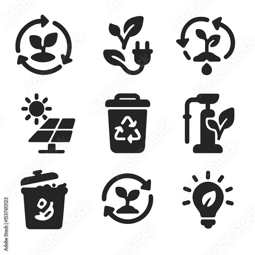 Sustainable Gardening Icons. Solid, filled icons set of sustainable gardening systems: closed loop, green