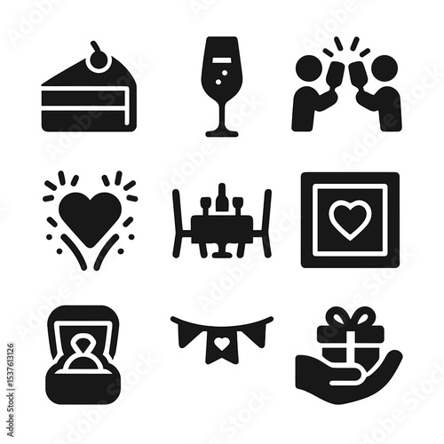 Celebration Icon Set. Solid, filled icons set of anniversary and celebration moments: cake slice, champagne