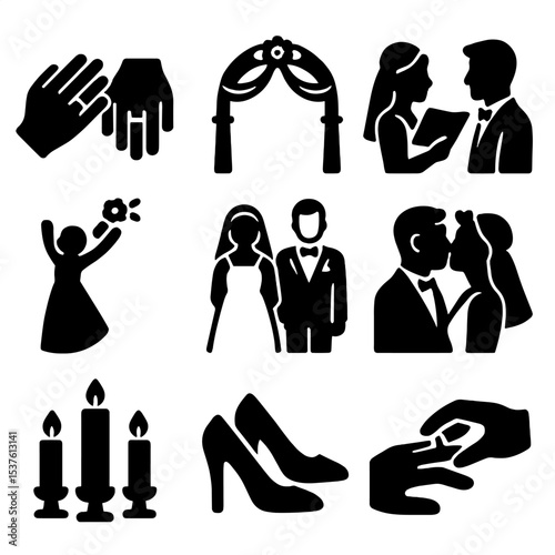 Wedding Icon Set. Solid, filled icons set of wedding and engagement scenes: holding hands with rings, wedding