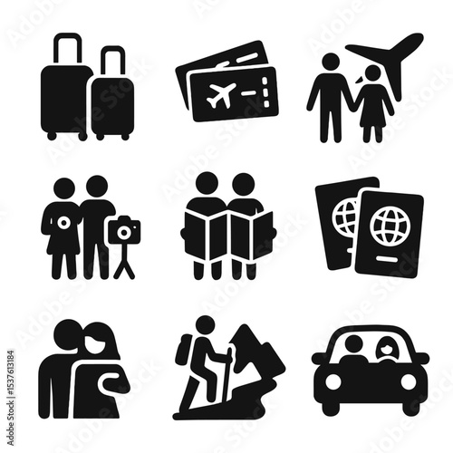 Travel Couple Icons. Solid, filled icons set of couples traveling together: suitcase pair, airplane tickets,