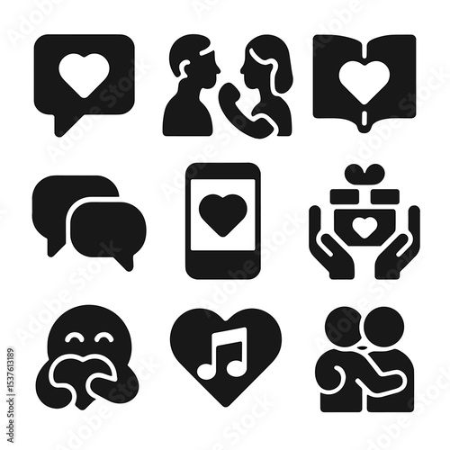 Couple Communication Icons. Solid, filled icons set of couple communication and bonding: heart message, couple