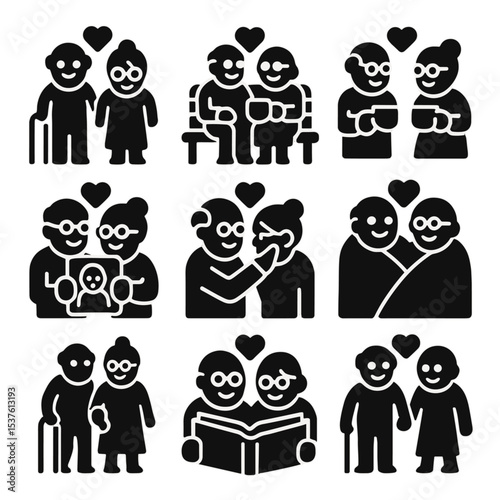 Elderly Couples Icons. Solid, filled icons set of elderly couples in love: cane pair, garden bench, shared tea
