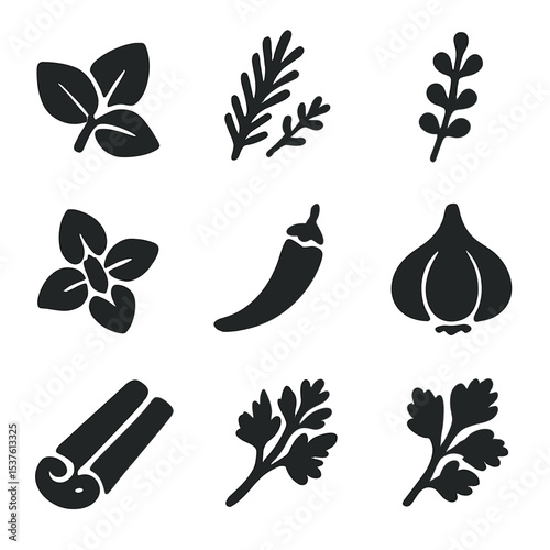 Herbs and Spices Icons. Solid, filled icons set of fresh herbs and spices: basil leaf, rosemary sprig, thyme,