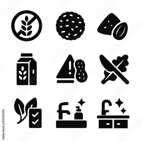 Allergy-Safe Food Icons. Solid, filled icons set of gluten-free and allergy-safe foods: gluten-free label,