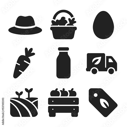 Farm-to-Table Icons. Solid, filled icons set of farm-to-table food: farmer hat, market basket, fresh egg,