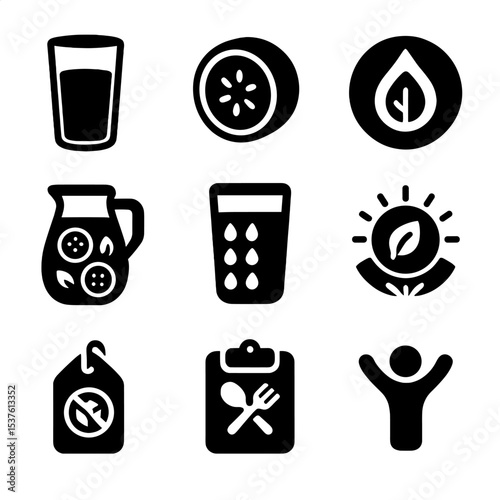 Hydration and Wellness Icons. Solid, filled icons set of hydration and clean eating habits: water glass,