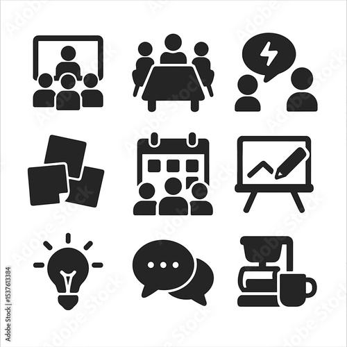 Office Collaboration Icons. Solid, filled icons set of modern office collaboration: shared screen, conference