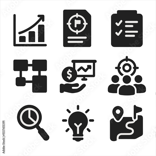 Startup Strategy Icons. Solid, filled icons set of startup planning and strategy: growth graph, mission