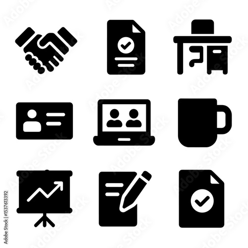 Business Icon Set. Solid, filled icons set of business partnership discussions: handshake, contract document,