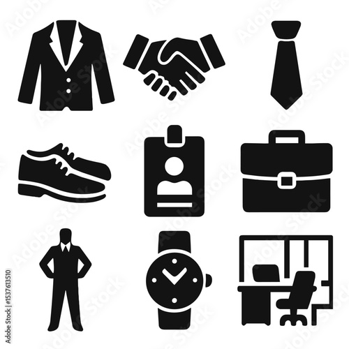 Business Icons Set. Solid, filled icons set of business attire and professionalism: blazer icon, formal