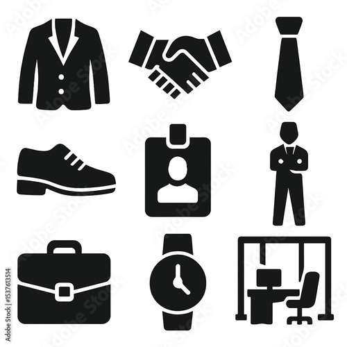 Business Icons Set. Solid, filled icons set of business attire and professionalism: blazer icon, formal