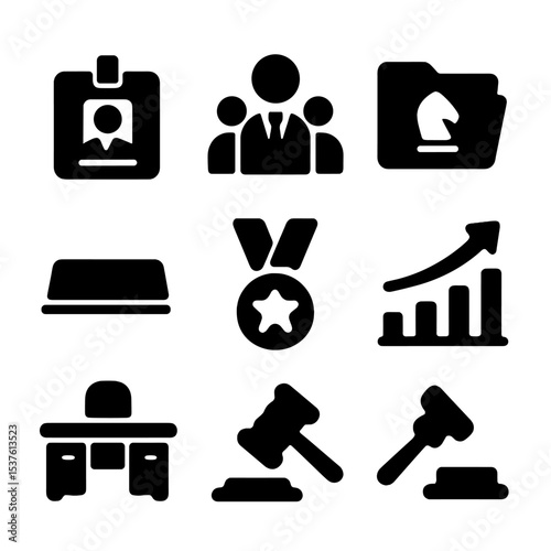 Leadership Icons Set. Solid, filled icons set of leadership and business roles: CEO badge, manager icon,