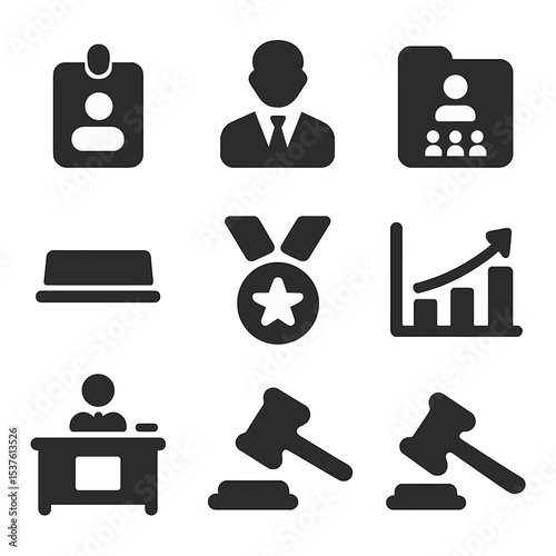 Leadership Icons Set. Solid, filled icons set of leadership and business roles: CEO badge, manager icon,