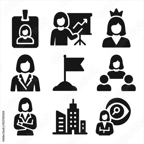 Female Tech Leadership Icons. Solid, filled icons set of female leadership in tech: CEO badge, presentation
