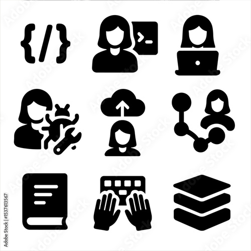 Tech Women Icons. Solid, filled icons set of women in software engineering: code brackets, terminal icon,