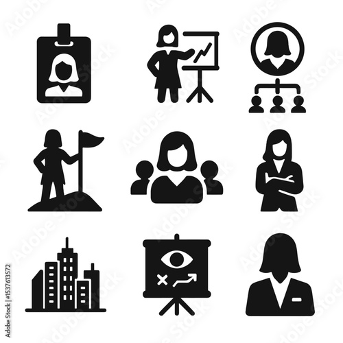 Female Tech Leadership Icons. Solid, filled icons set of female leadership in tech: CEO badge, presentation