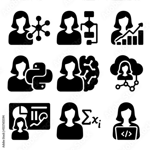 Women in Data Icons. Solid, filled icons set of women in AI and data science: neural network, algorithm flow,