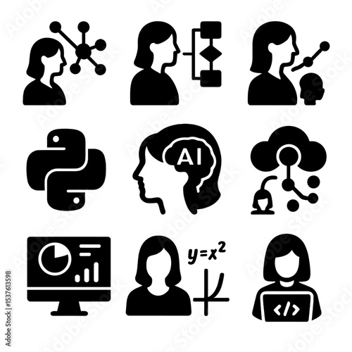 Women in Data Icons. Solid, filled icons set of women in AI and data science: neural network, algorithm flow,