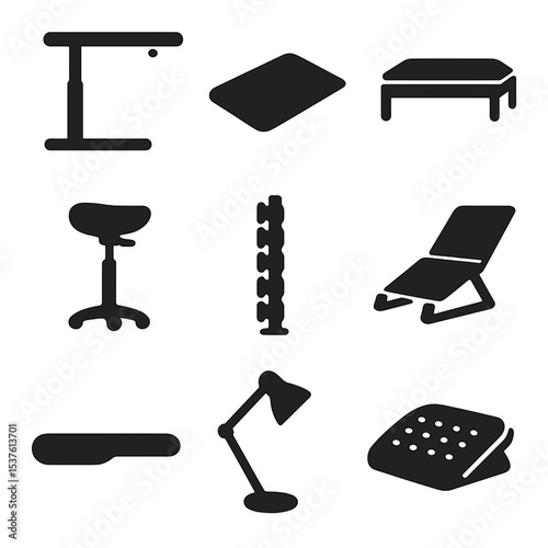 Standing Desk Essentials. Solid, filled icons set of setting up a standing desk for comfort: adjustable desk,
