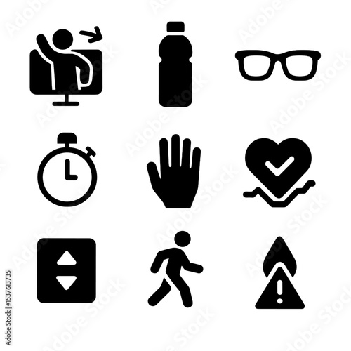 Home Office Wellness Icons. Solid, filled icons set of healthy home office habits: stretch reminder, water