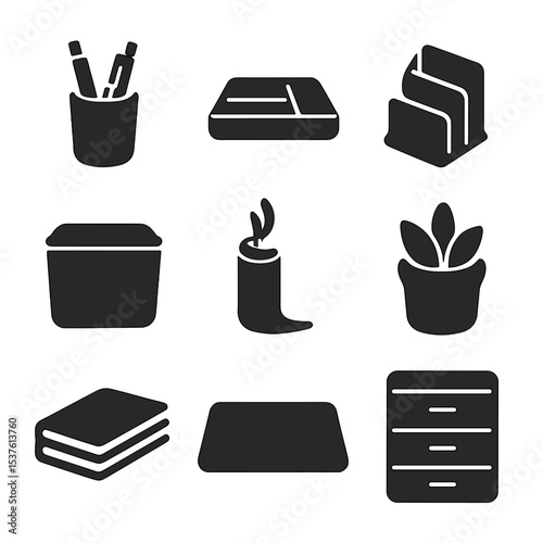 Minimalist Desk Icons. Solid, filled icons set of minimalist desk organization: pen holder, tray divider,